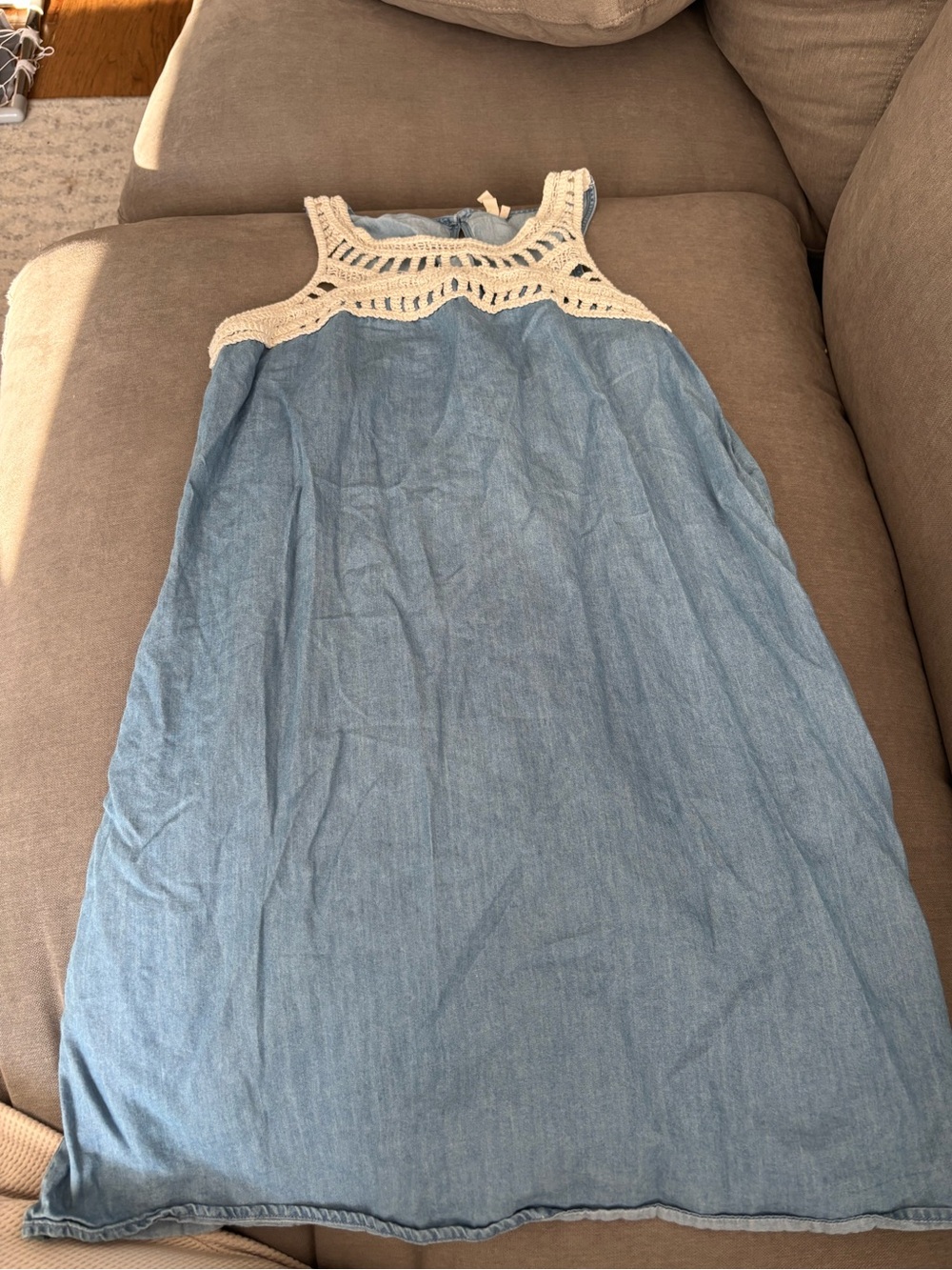 Light Blue Chambray Dress with Cream Crochet Yoke